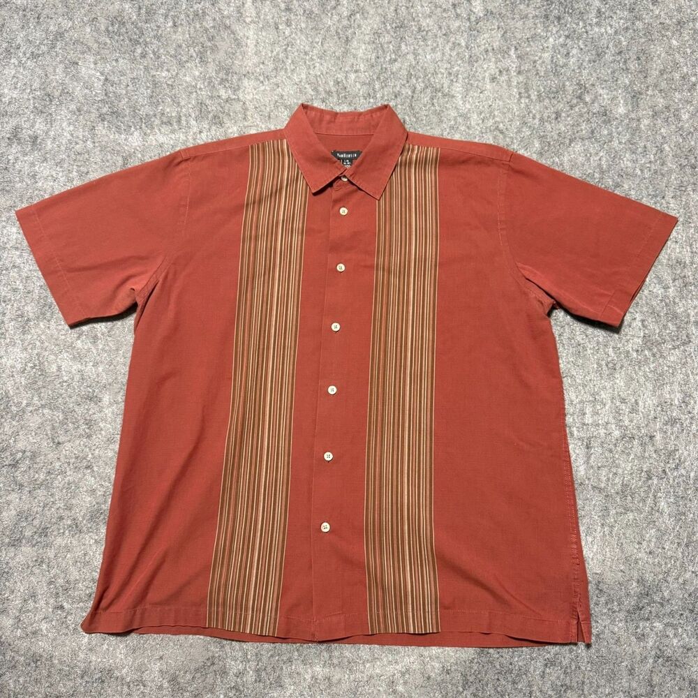 Van Heusen Shirt Mens Large L Rust Orange Retro Striped Panel Short Sleeve